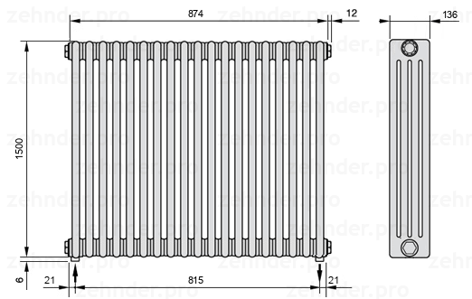 Схема (чертеж) Радиатор Zehnder Charleston 4150/19 №5310 Белый глянцевый RAL 9016